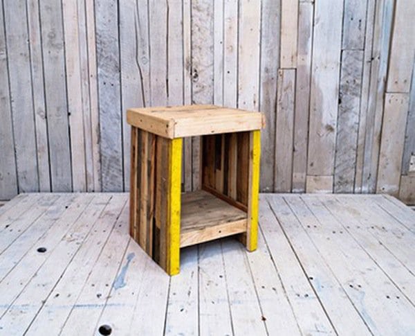 wood pallet end table with yellow stripes 