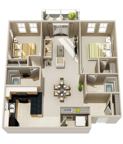 20 Awesome 3D Apartment Plans With Two Bedrooms - Part 2