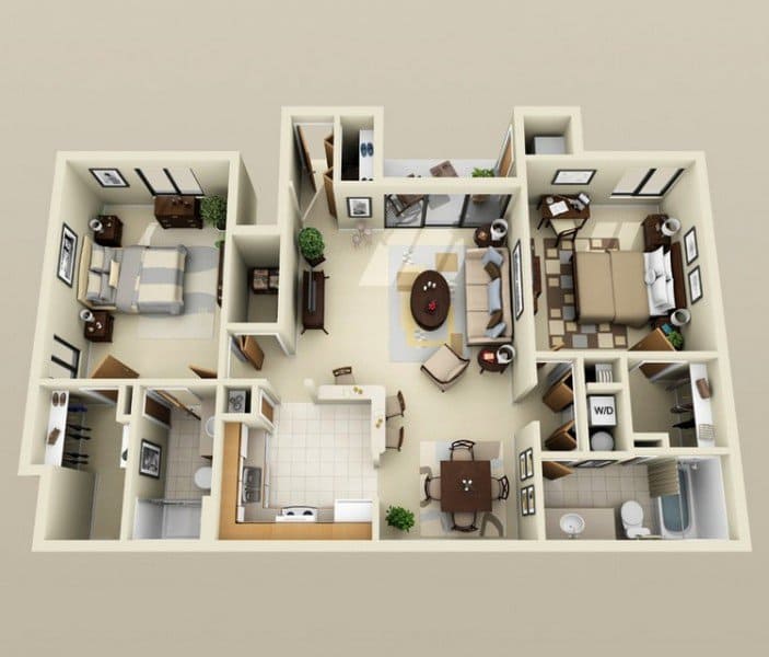 19 Awesome 3D Apartment Plans With Two Bedrooms - Part 1