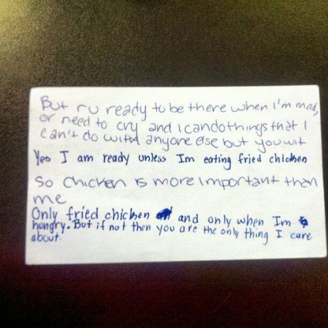funny love notes fried chicken importance
