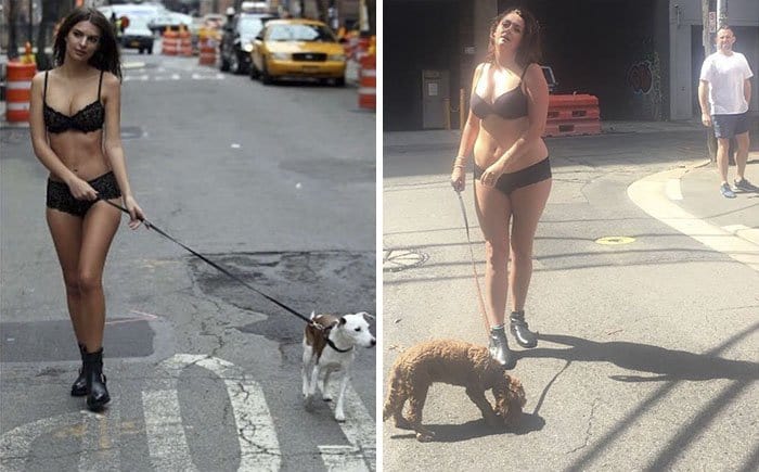 Comedienne Hilariously Recreates Celebrity Instagram Photos walking dog in underwear