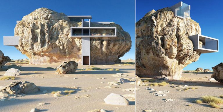 Architect Designs A House Inside A Giant Rock With A Modern Minimalist Look