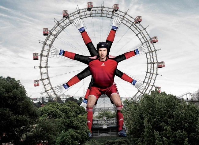 Adidas Advertisement Featuring Petr Cech with Multiple Hands Holding a Ferris Wheel