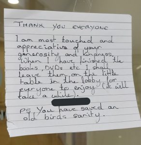 Elderly Woman Isolating Alone Asks Neighbors Via A Note For Some Dvds 