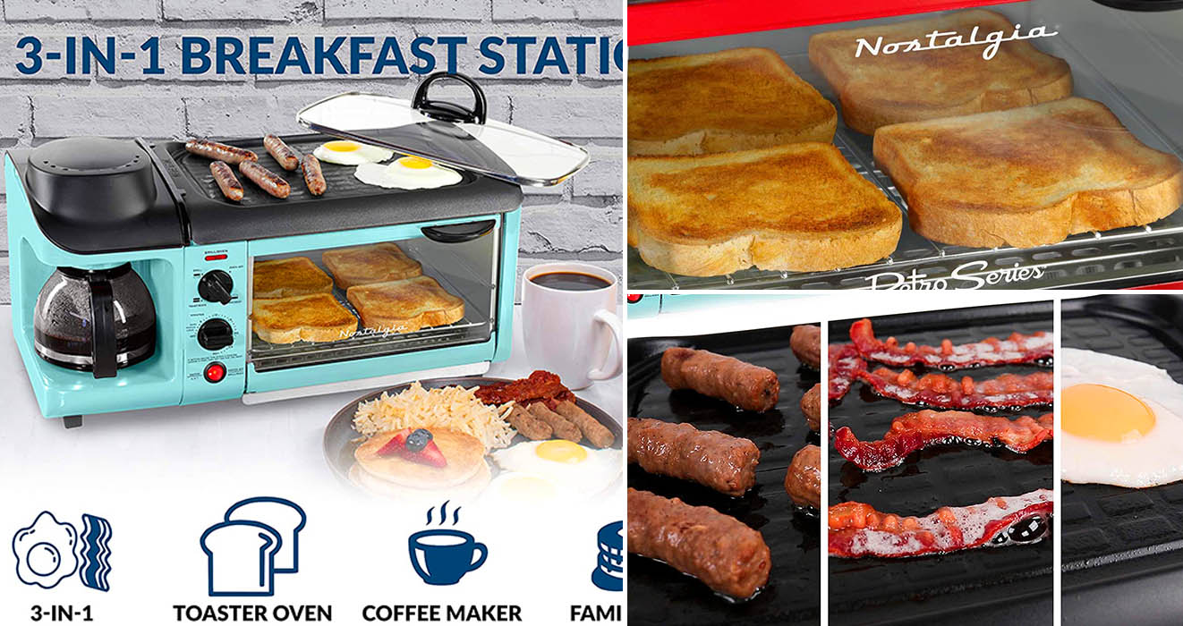 Nostalgia BSET300RETRORED 3-in-1 Family Size Breakfast Station, Red