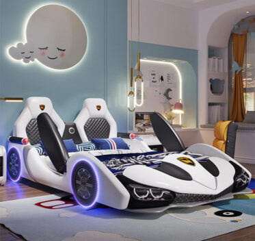 These Adult Race Car Beds Can Fit Queen King Size Mattresses   White Supercar Bed For Grownups With Scrissor Doors 373x352 