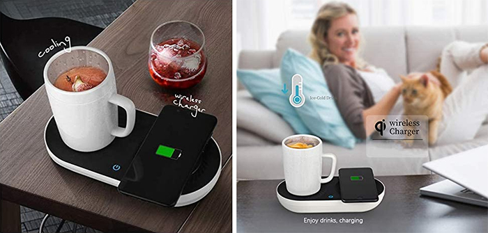 Heating/Cooling Beverage Base with Wireless Charging by Sharper